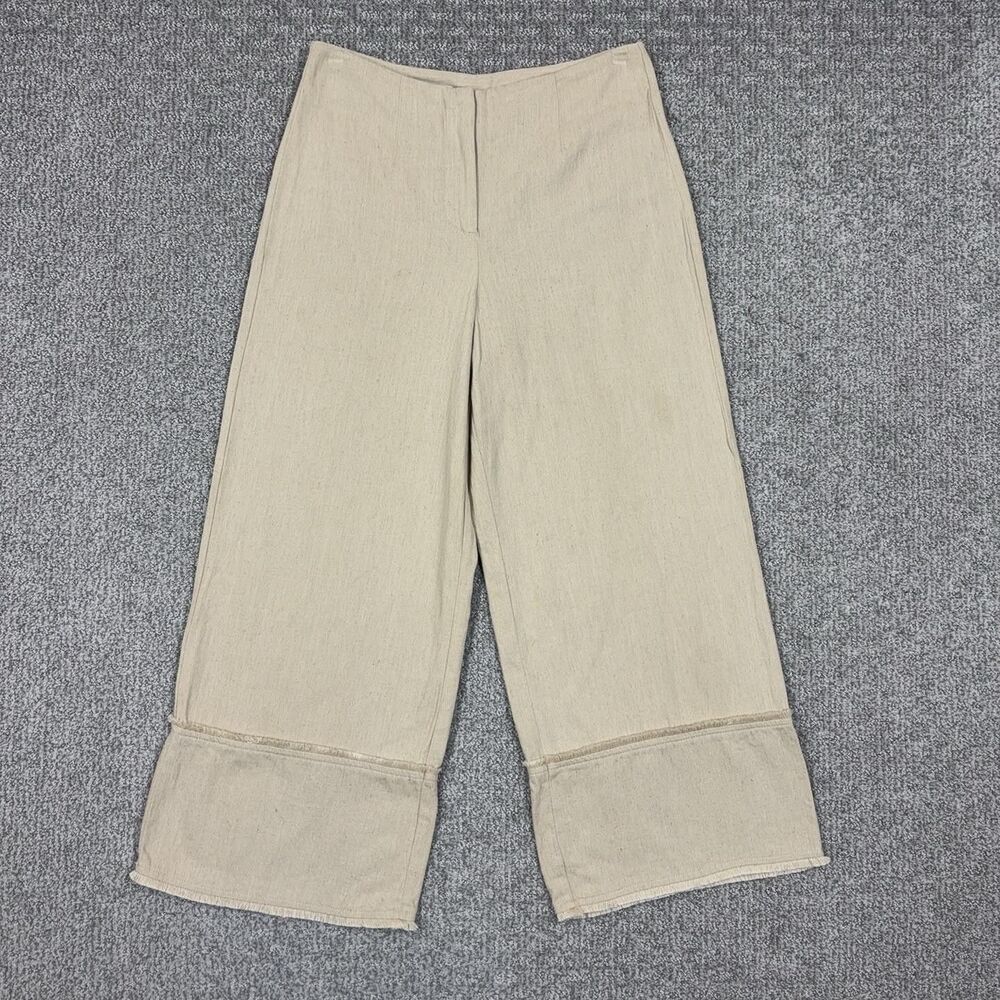 Zara Pants Womens Small Beige Linen Blend Wide Leg Crop Fringe Capsule Lagenlook